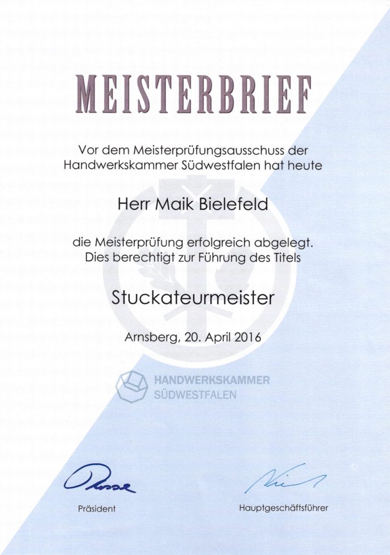 Zertifikat Zertifikat von KÖSTER mit Unterschriften und Angaben zu einem erfolgreichen Abschluss.