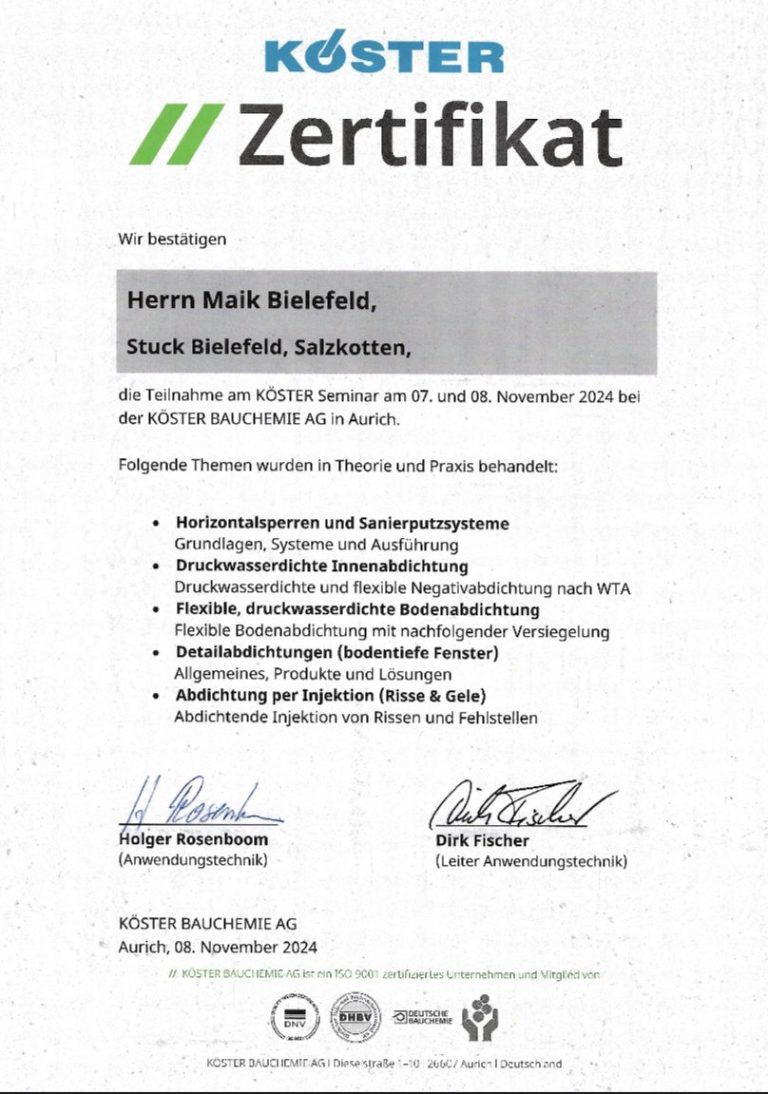 Zertifikat von KÖSTER mit Unterschriften und Angaben zu einem erfolgreichen Abschluss.