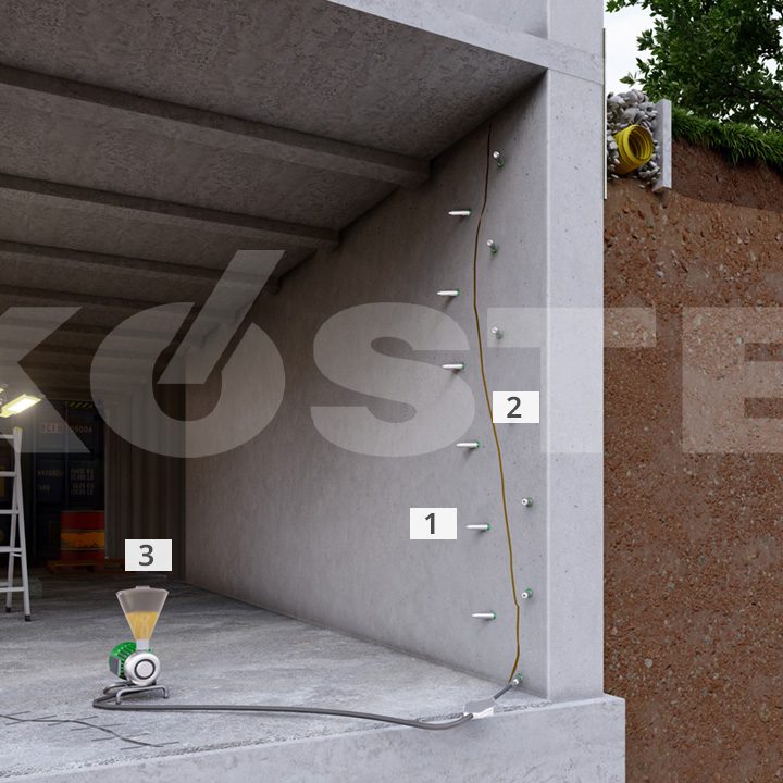 Blick in einen Baustellenbereich mit Wänden, Geräten und nummerierten Markierungen.