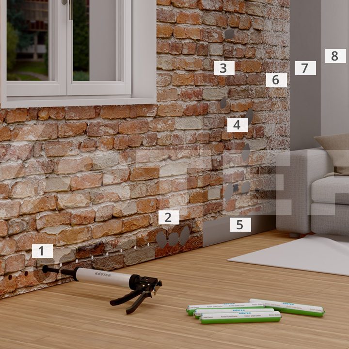 Ziegelwand mit einer Handpumpe und einer Bohrreihe