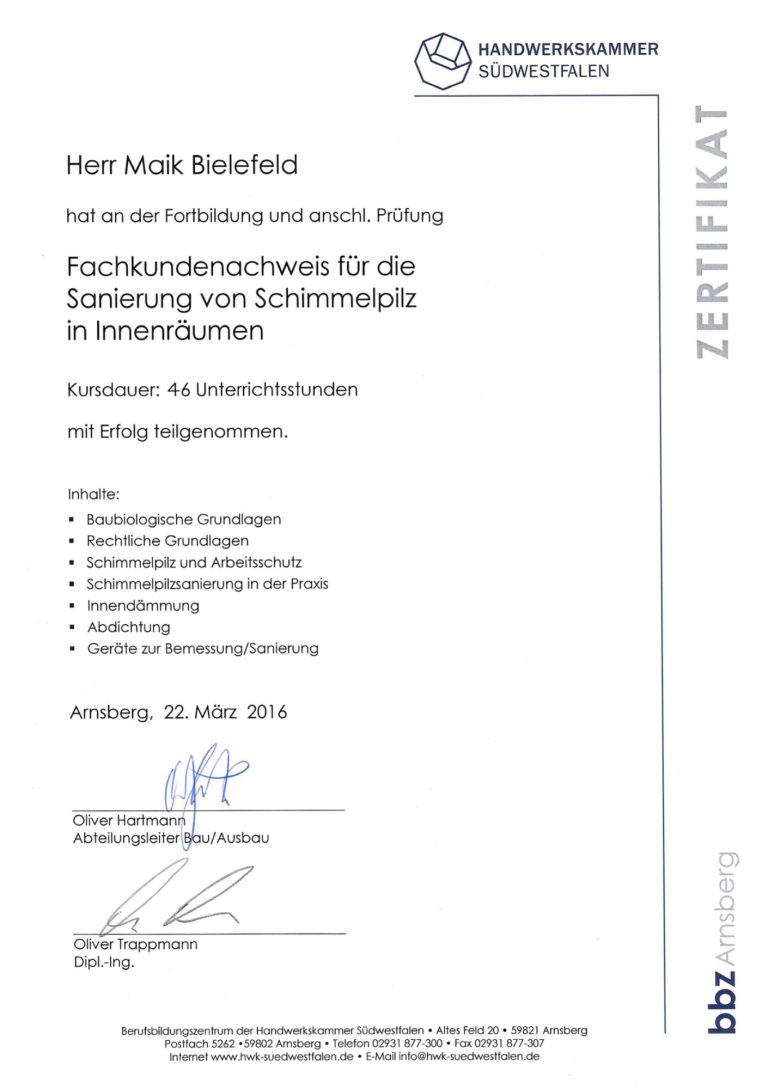 Zertifikat über die erfolgreiche Durchführung einer Schulung zur Sensibilisierung in Schimmelpilz-Sanierung.